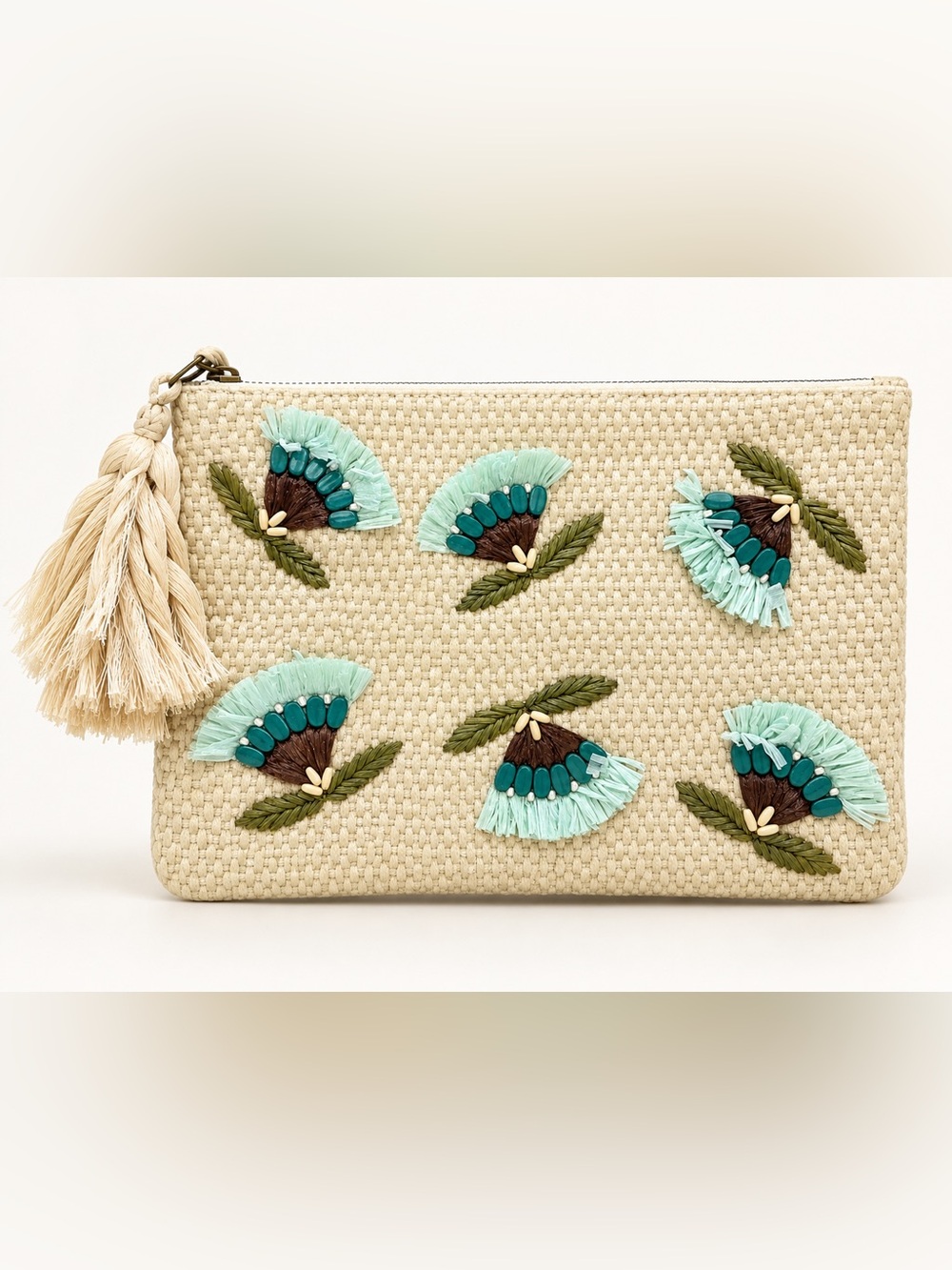 Lucky Brand Natural Raffia Clutch with Aqua and Teal Embroidery